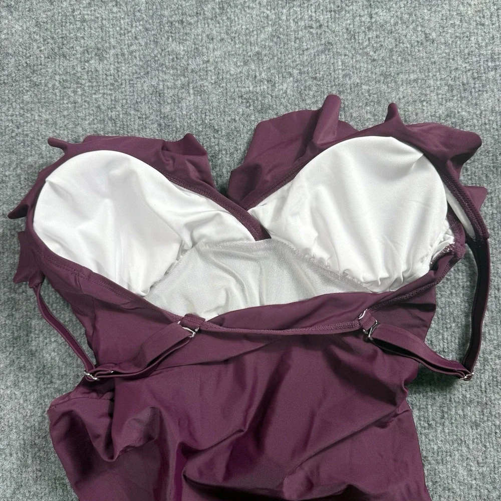 Plum Purple Ruffle One Piece Swimsuit Ruched Tummy‎ Control V-Neck Bathing Suit